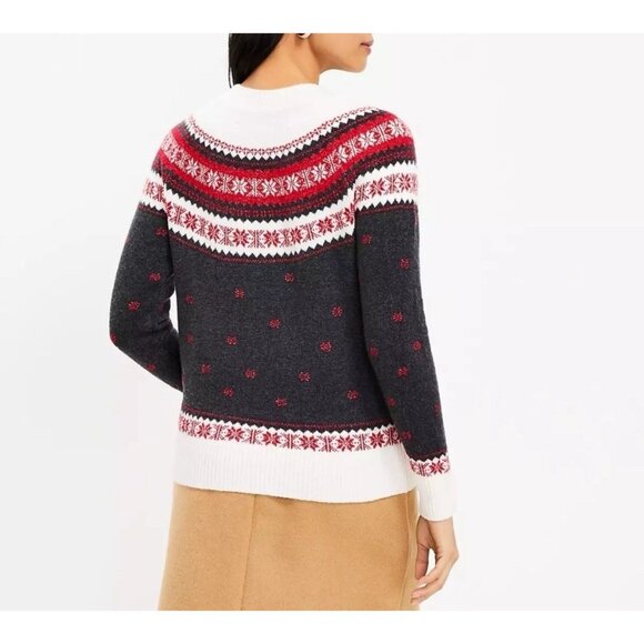 Loft Women’s Holiday Pullover Sweater Reindeer Fair Isle Petite Large Red Gray - Picture 4 of 12